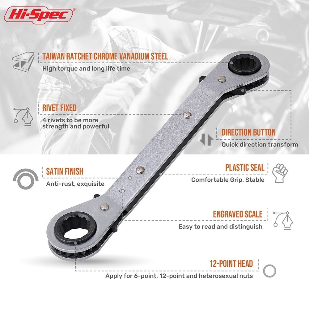 Hi-Spec 1pc Ratchet Torque Wrench Tool Set Double Box End Offset Ring Key Set Bend Neck Ratchet Wrenches Spanner Universal Key - Image 2